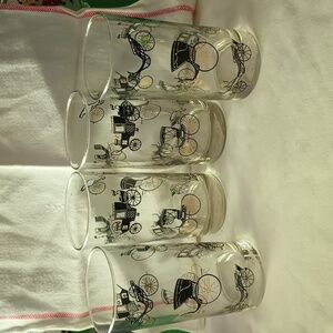Vintage Libbey Black & Gold Antique Buggy Cars Drinking Glasses Set Of 4 MCM